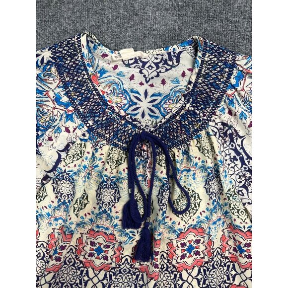 Boho Chic Floral Print Long Sleeve Blouse With Tassel Tie Neck & Elastic Cuffs - Picture 1 of 7